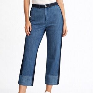 Manila Grace Two Tone Side Stripe Cropped Wide Leg Denim Pants Blue Size 28